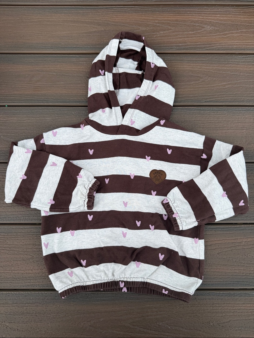 Girls' Striped Hooded Pullover with Pink Hearts - Brown & Light Gray
